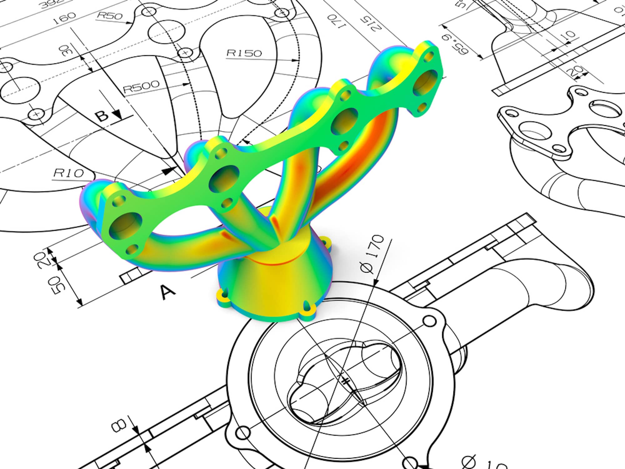 green 3d render on blueprint drawing